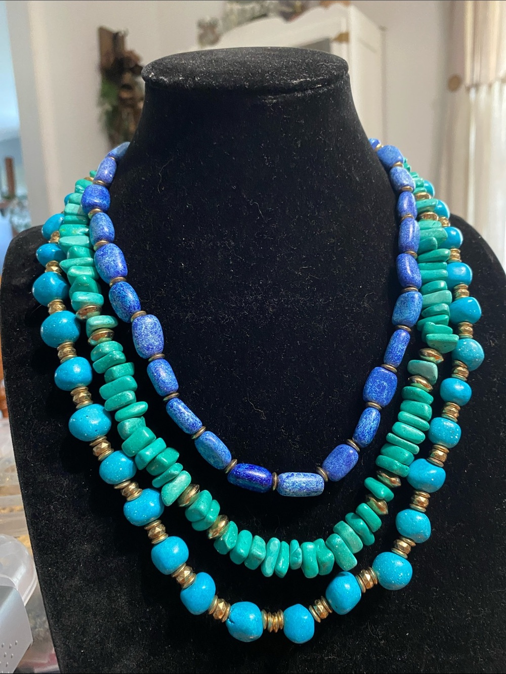 Chico's Layered Turquoise & Royal Blue Beaded Necklace with Gold Accents